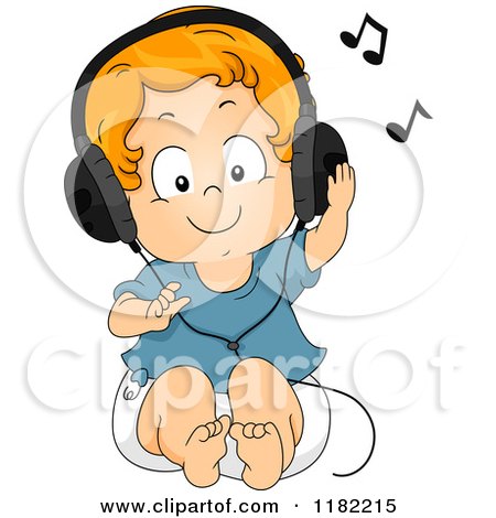 Cartoon of a Happy Red Haired Toddler Boy Listening to Music Through Headphones - Royalty Free Vector Clipart by BNP Design Studio