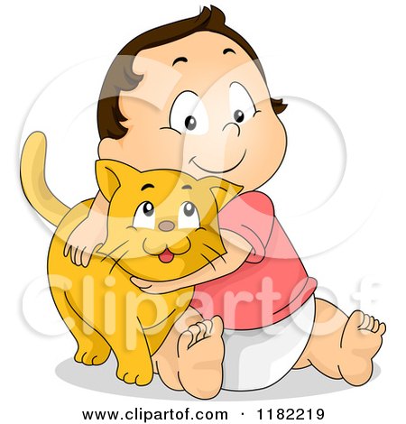 Cartoon of a Happy Brunette Toddler Hugging a Ginger Cat - Royalty Free Vector Clipart by BNP Design Studio