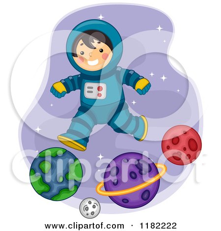 Cartoon of a Happy Astronaut Boy Jumping over Planets - Royalty Free Vector Clipart by BNP Design Studio