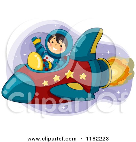 Cartoon of a Waving Astronaut Boy Flying a Rocket - Royalty Free Vector Clipart by BNP Design Studio