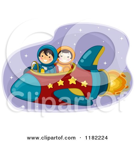 Cartoon of Astronaut Kids Flying a Rocket - Royalty Free Vector Clipart by BNP Design Studio