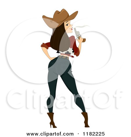 Cartoon of a Rear View of a Sexy Pinup Cowgirl Blowing Her Smoking Pistol - Royalty Free Vector Clipart by BNP Design Studio