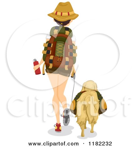 Cartoon of a Rear View of a Hiking Woman and Dog - Royalty Free Vector Clipart by BNP Design Studio