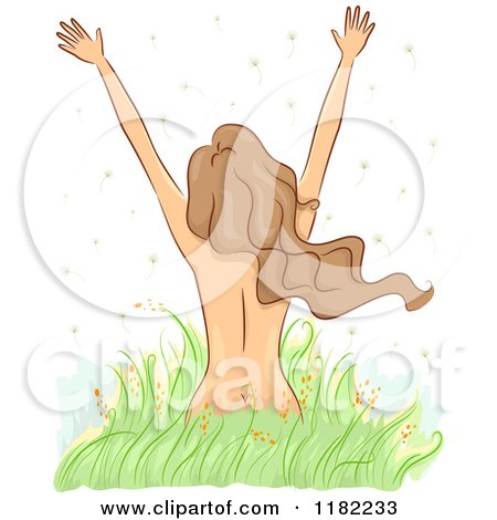 Cartoon of a Nude Woman with Long Brunette Hair, Holding Her Arms up in a Field - Royalty Free Vector Clipart by BNP Design Studio