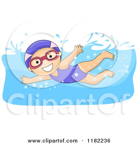 Cartoon of a Happy Girl Swimming with a Cap and Goggles - Royalty Free Vector Clipart by BNP Design Studio