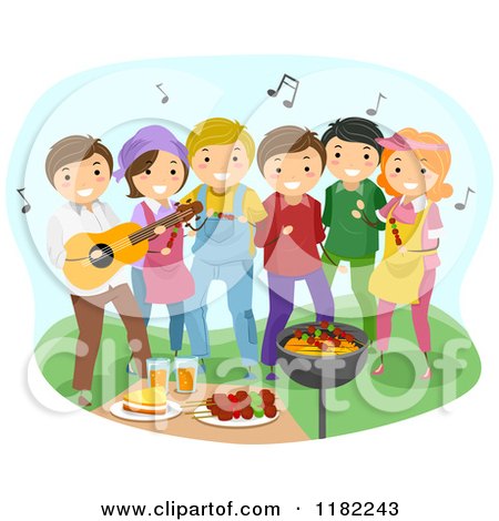 Cartoon of a Happy Group of People Dancing at a Barbeque Party - Royalty Free Vector Clipart by BNP Design Studio