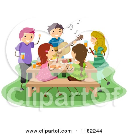 Cartoon of People Eating Dancing and Playing Music at a Barbeque Party - Royalty Free Vector Clipart by BNP Design Studio