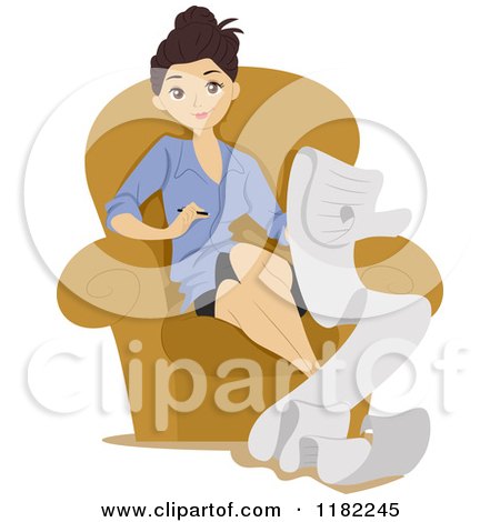 Cartoon of a Woman Writing a Long List and Sitting in a Chair - Royalty Free Vector Clipart by BNP Design Studio