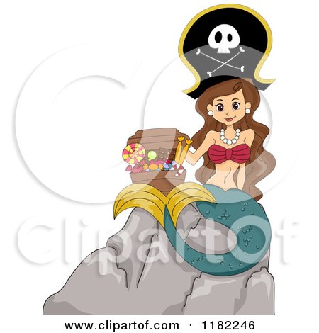 Cartoon of a Brunette Pirate Mermaid Sitting on a Rock with a Candy Chest - Royalty Free Vector Clipart by BNP Design Studio