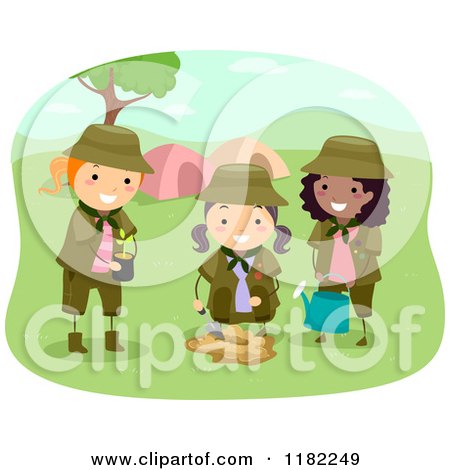Cartoon of Scout Girls Planting a Tree by a Camp Site - Royalty Free Vector Clipart by BNP Design Studio