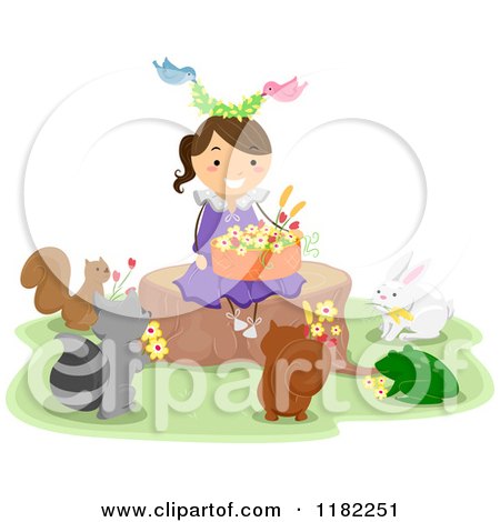 Cartoon of Animals Around a Happy Girl Sitting on a Tree Stump with a Basket of Flowers - Royalty Free Vector Clipart by BNP Design Studio