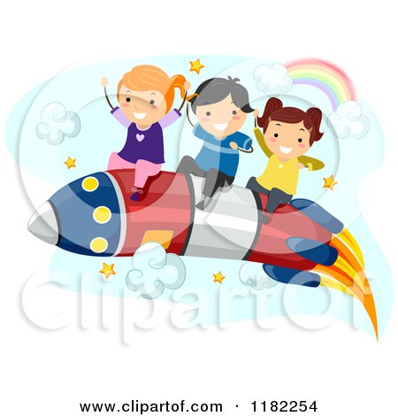 Cartoon of Happy Children Riding a Rocket - Royalty Free Vector Clipart by BNP Design Studio