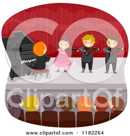 Cartoon of an Audience Watching Children Play Instruments on Stage - Royalty Free Vector Clipart by BNP Design Studio