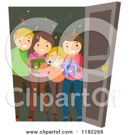 Cartoon of a Happy Family at a Door with Surprise Birthday Party Gifts and a Camera - Royalty Free Vector Clipart by BNP Design Studio