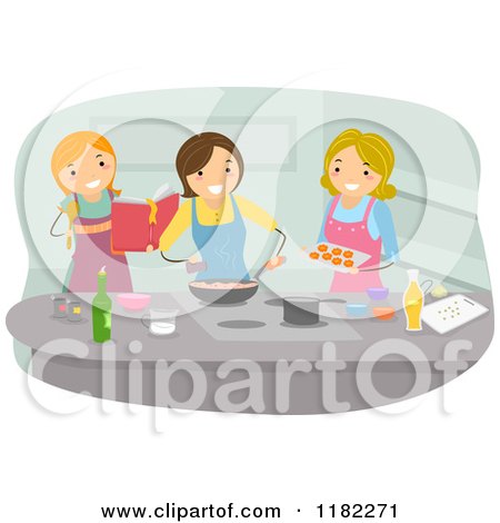 Cartoon of Three Happy Women Cooking Together - Royalty Free Vector Clipart by BNP Design Studio