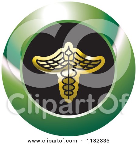 Clipart of a Gold Caduceus on a Black and Green Icon - Royalty Free Vector Illustration by Lal Perera
