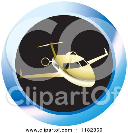 Clipart of a Gold Airplane on a Blue and Black Round Icon - Royalty Free Vector Illustration by Lal Perera