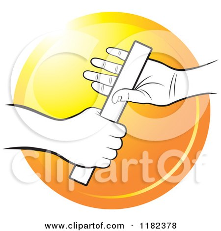 Clipart of Black and White Hands Passing a Relay Race Baton over an Orange Circle - Royalty Free Vector Illustration by Lal Perera