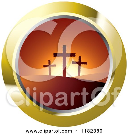 Clipart of Three Crosses on Hills at Sunset on a Gold Icon - Royalty Free Vector Illustration by Lal Perera