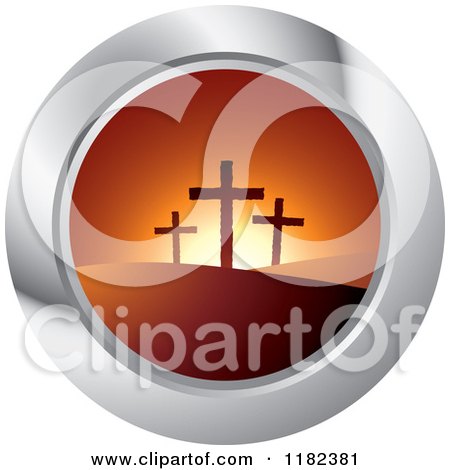 Clipart of Three Crosses on Hills at Sunset on a Silver Icon - Royalty Free Vector Illustration by Lal Perera