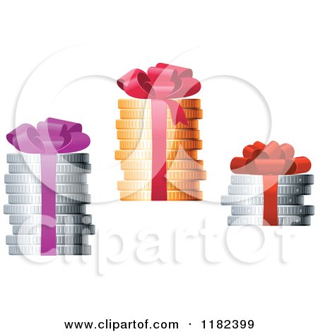 Clipart of Gift Bows and Ribbons Around Stacks of Gold and Silver Coins - Royalty Free Vector Illustration by Vector Tradition SM