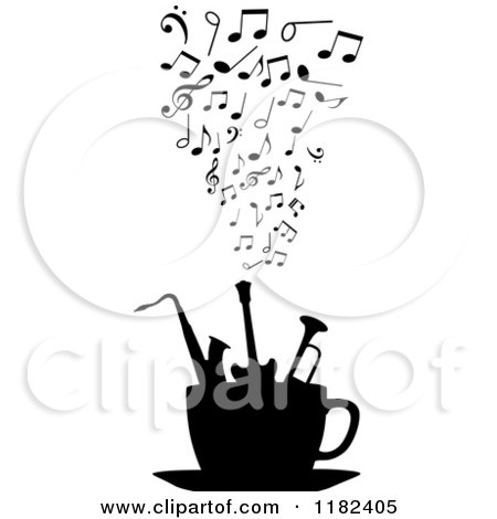 Clipart of Music Notes over Silhouetted Instruments in a Coffee Cup - Royalty Free Vector Illustration by Vector Tradition SM