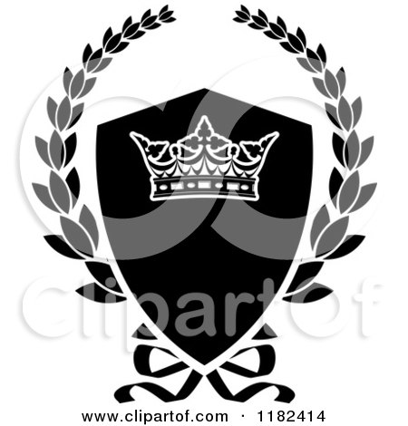 Clipart of a Black and White Shield and Laurel Wreath with a Crown - Royalty Free Vector Illustration by Vector Tradition SM