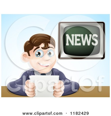 Cartoon of a Happy Male News Anchor Smiling and Holding Notes - Royalty Free Vector Clipart by AtStockIllustration
