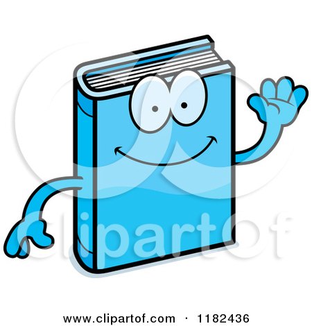 Cartoon of a Waving Blue Book Mascot - Royalty Free Vector Clipart by Cory Thoman