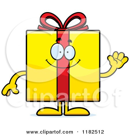 Cartoon of a Waving Yellow Gift Box Mascot - Royalty Free Vector Clipart by Cory Thoman