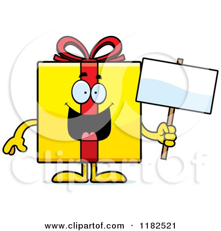 Cartoon of a Yellow Gift Box Mascot Holding a Sign - Royalty Free Vector Clipart by Cory Thoman