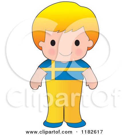Cartoon of a Happy Patriotic Boy Wearing Swedish Flag Clothing - Royalty Free Vector Clipart by Maria Bell