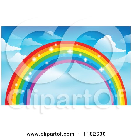 Cartoon of a Sparkly Rainbow and Clouds in a Sky - Royalty Free Vector Clipart by visekart