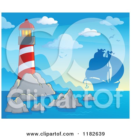 Cartoon of a Shining Lighthouse and Silhouetted Pirate Ship - Royalty Free Vector Clipart by visekart