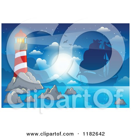 Cartoon of a Shining Lighthouse and Silhouetted Pirate Ship at Night - Royalty Free Vector Clipart by visekart