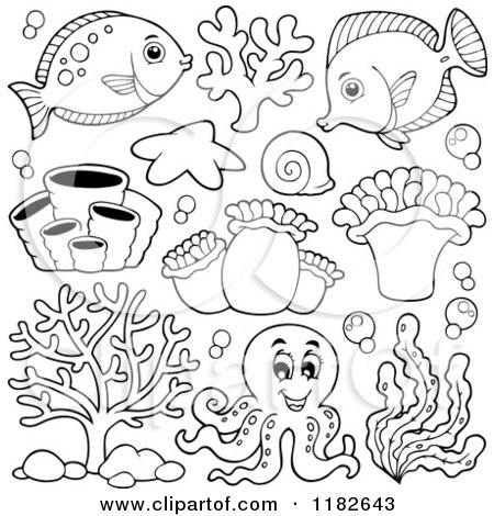 Cartoon of Outlined Fish Sea Creatures and an Octopus - Royalty Free Vector Clipart by visekart