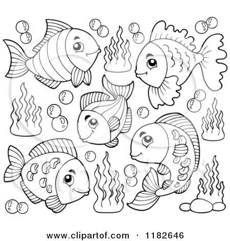 Cartoon of Outlined Fish Plants and Bubbles - Royalty Free Vector Clipart by visekart