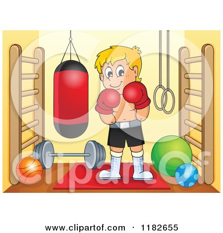 Cartoon of a Blond Boxer and a Punching Bag in a Gym Room - Royalty Free Vector Clipart by visekart