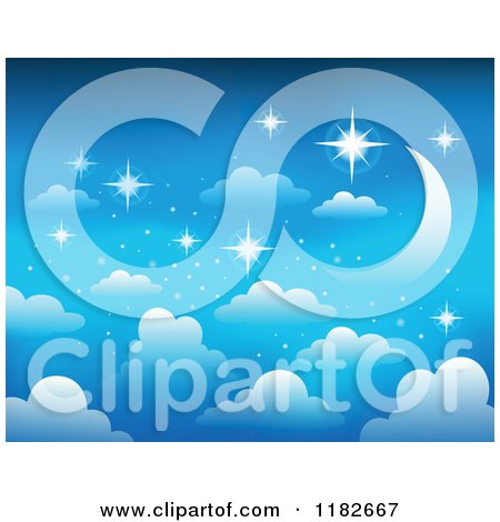 Cartoon of a Blue Sky with Stars Clouds and a Crescent Moon - Royalty Free Vector Clipart by visekart