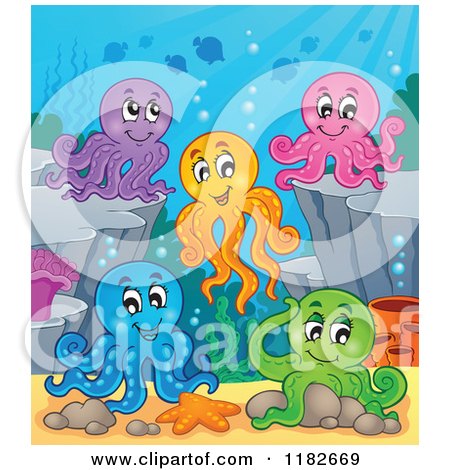 Cartoon of Colorful Octopuses with Reef Rocks - Royalty Free Vector Clipart by visekart