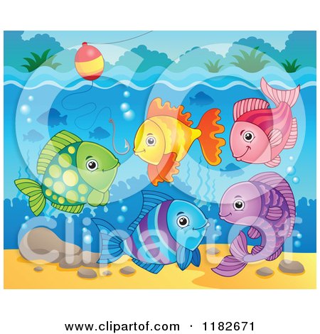 Cartoon of Colorful Fish and Hook Under a Bobber - Royalty Free Vector Clipart by visekart