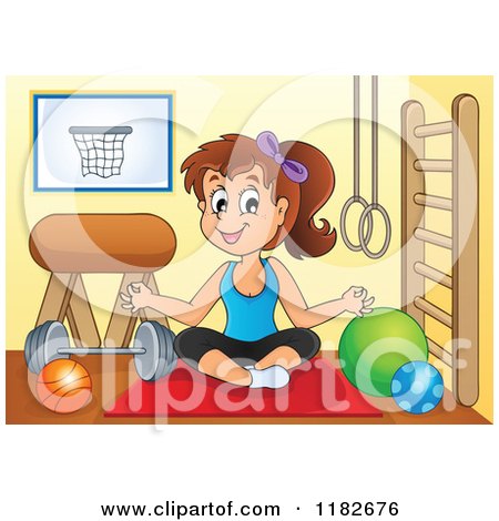 Cartoon of a Brunette Woman Doing Yoga in a Gym Room - Royalty Free Vector Clipart by visekart