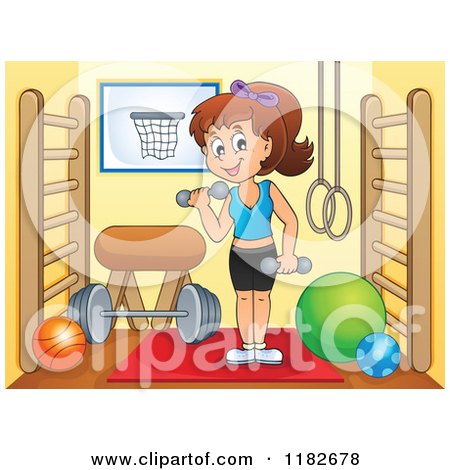 Cartoon of a Brunette Woman Working out with Dumbbells in a Gym Room - Royalty Free Vector Clipart by visekart
