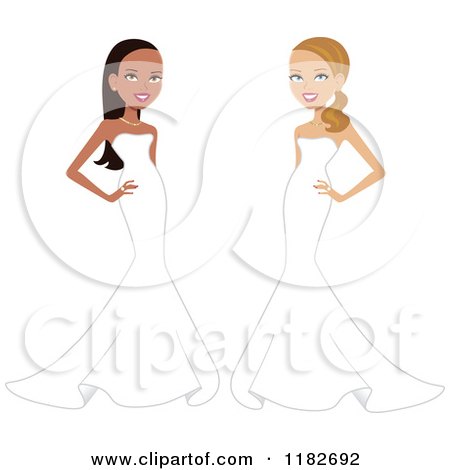 Clipart of Beautiful African and Caucasian Women Posing in Long White Formal Gowns - Royalty Free Vector Illustration by Monica