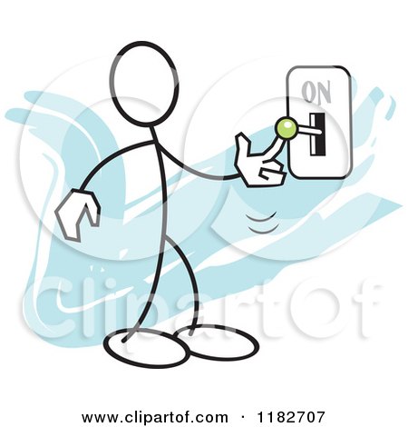 Cartoon of a Stickler Turning a Switch on over Blue - Royalty Free Vector Clipart by Johnny Sajem