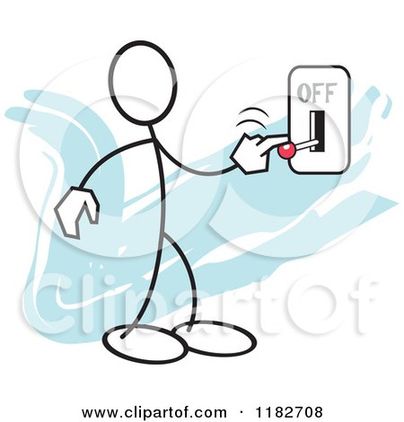 Cartoon of a Stickler Turning a Switch off over Blue - Royalty Free Vector Clipart by Johnny Sajem
