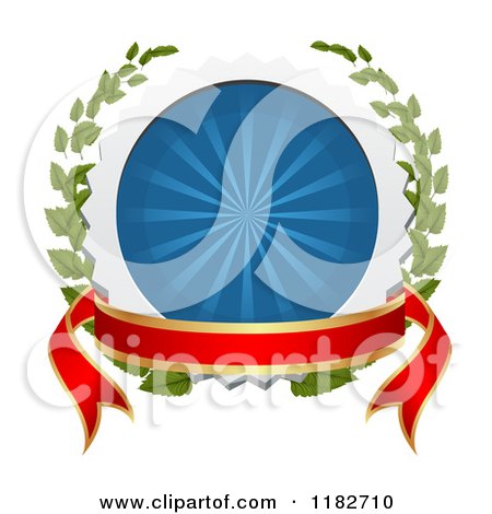 Clipart of a White and Blue Burst Badge with Laurel Branches and a Banner - Royalty Free Vector Illustration by vectorace
