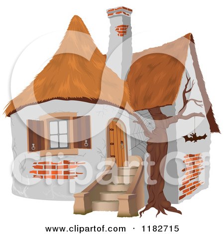 Clipart of a Creepy Cottage with a Bat and Spider Web - Royalty Free Vector Illustration by dero