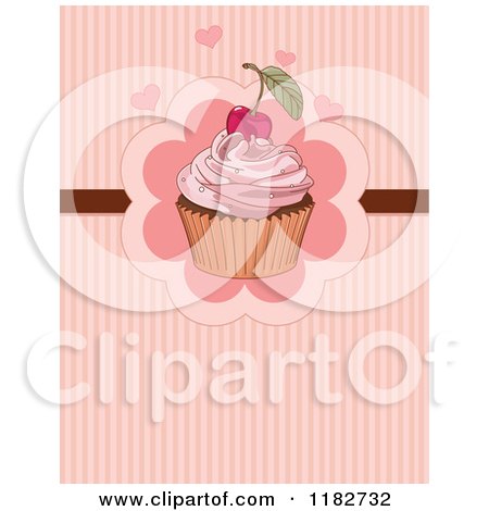 Clipart of a Cherry Topped Cupcake and Hearts over Stripes - Royalty Free Vector Illustration by Pushkin