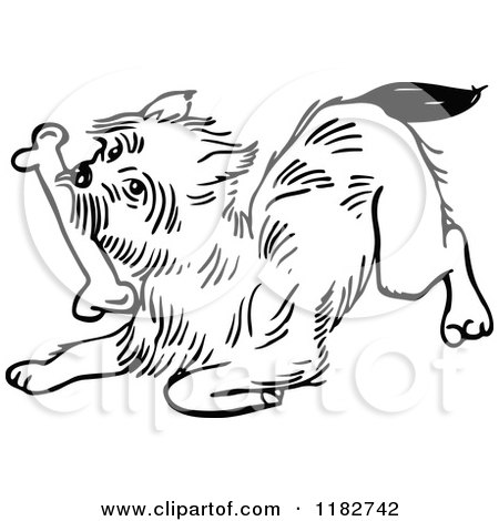 Clipart of a Black and White Dog Playing with a Bone - Royalty Free Vector Illustration by Prawny